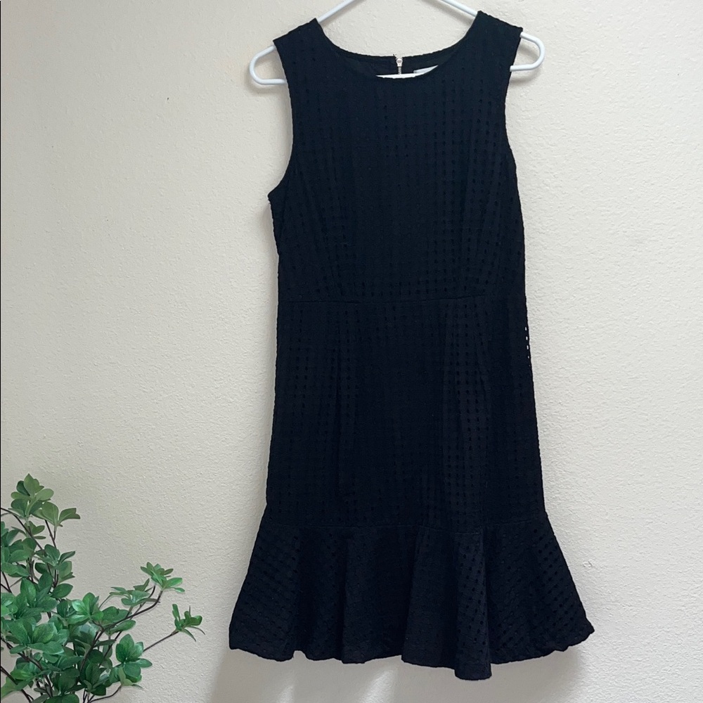 New York & Company Black Textured Eyelet Knit Ruffle Mini Dress, Size 10 Cotton